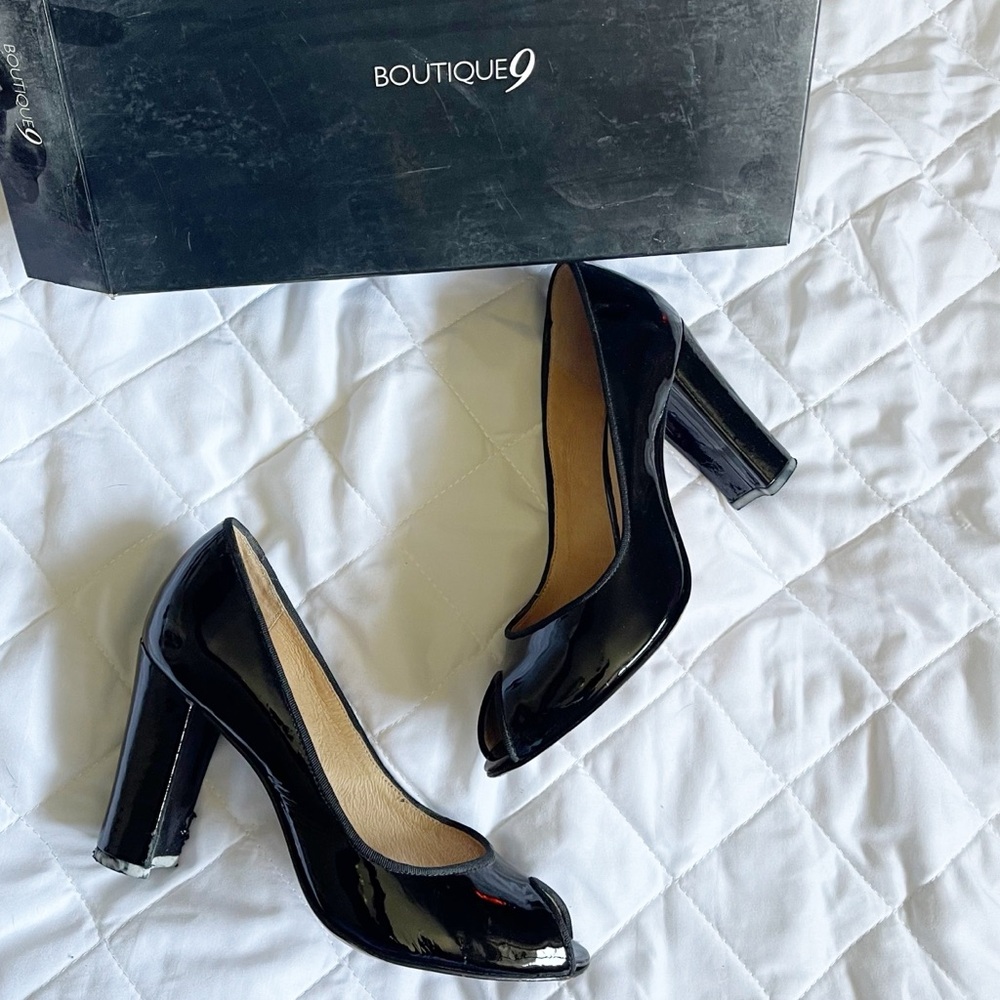 Boutique 9 Glossy Debbie Black Patent Leather Peep Toe Heels